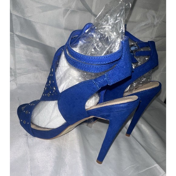 Just Fab Women's Size 8.5 Platform Stiletto 5in Heels Blue Silver Design Straps - Picture 8 of 16